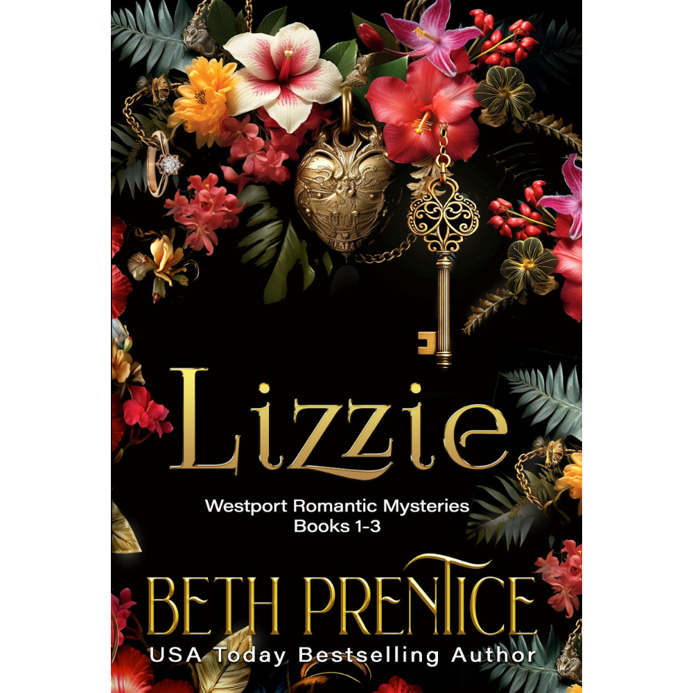 Book cover of 'Lizzie' by Beth Prentice with floral and key design