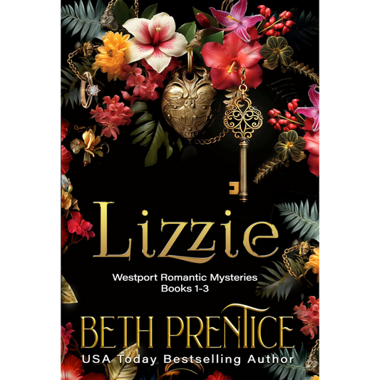 Book cover of 'Lizzie' by Beth Prentice with floral and key design